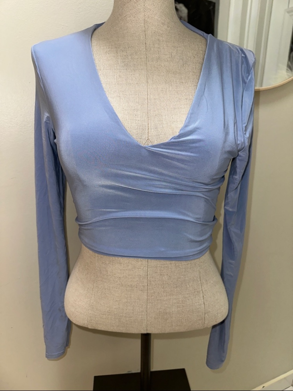 PrettyLittleThing Pale Blue Long Sleeve Wrap Crop Top